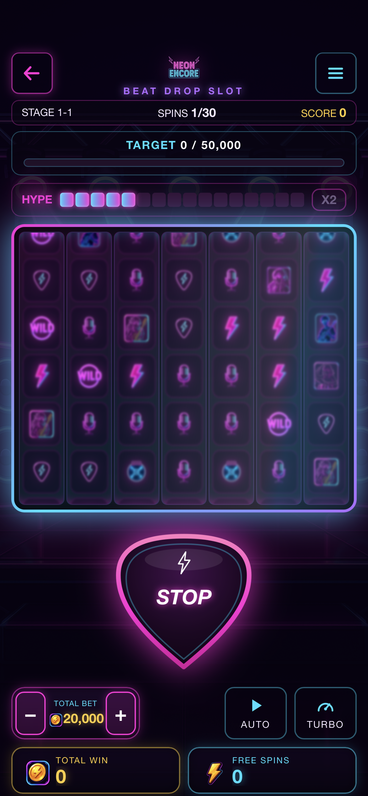 Neon Groove Spin Beat Drop Slot gameplay with a 7 by 6 neon reel and HYPE meter