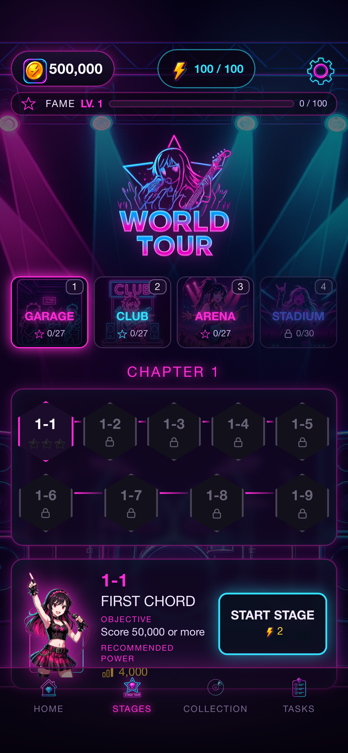 Neon Groove Spin World Tour screen with Garage, Club, Arena and Stadium venues